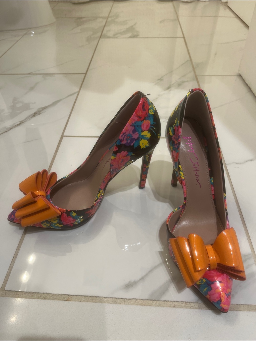 Betsey Johnson Floral Pointed Toe Heels with Orange Bow